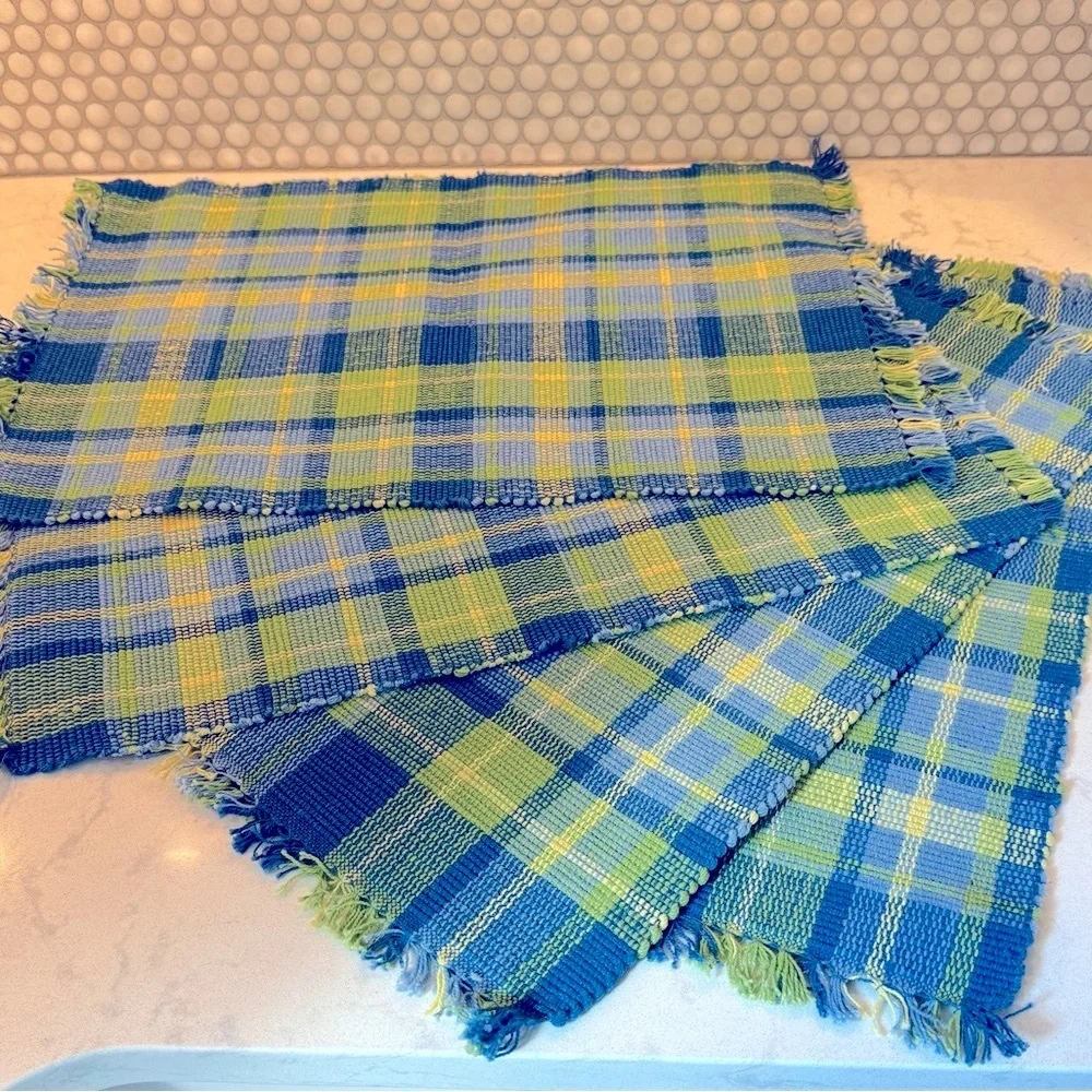 Hand loomed Blue and Green Plaid Placemats with Napkins 100% cotton set of 4